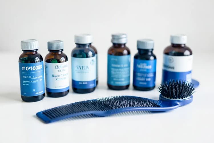 Uma composição de frascos de medicamentos e suplementos ao lado de um pente e uma escova de cabelo sobre uma superfície branca.