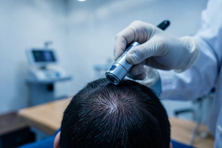 Um dermatologista examinando o couro cabeludo de um paciente com uma lupa em um consultório médico.