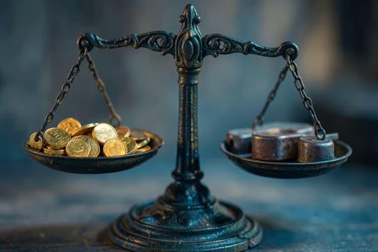 Uma balança de dois pratos com moedas de um lado e pesos do outro.