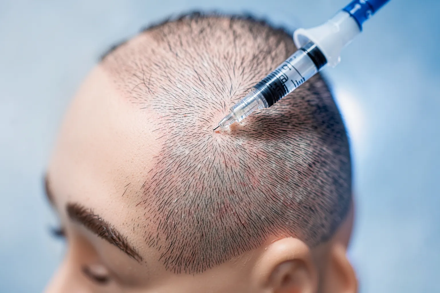 Uma seringa com agulha fina injetando líquido transparente no couro cabeludo de um manequim, com foco no ponto de injeção.