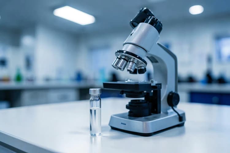 Um microscópio e um tubo de ensaio sobre uma bancada de laboratório, representando pesquisa dermatológica.