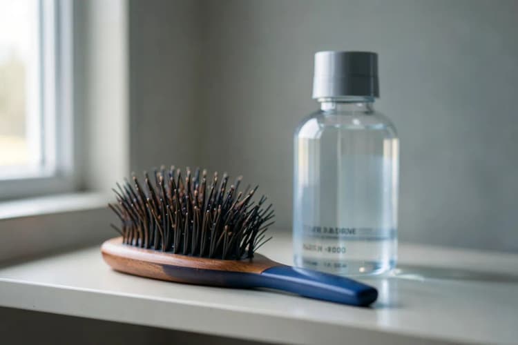 Uma escova de cabelo limpa e um frasco de suplemento capilar em uma prateleira de banheiro com luz suave.