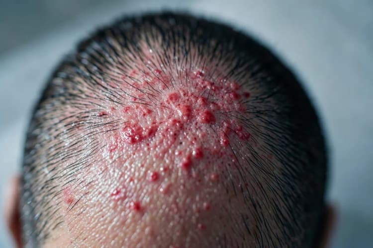 Um couro cabeludo com vermelhidão e irritação, indicando uma possível reação adversa ao tratamento a laser.