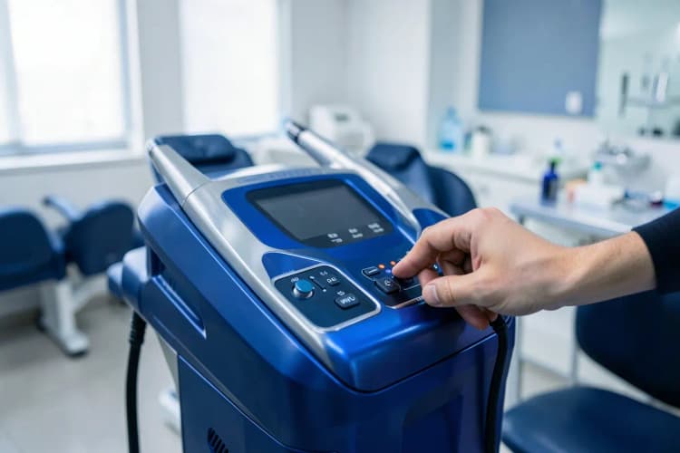 Um aparelho de laser capilar sendo operado por um profissional em um ambiente de clínica de estética.