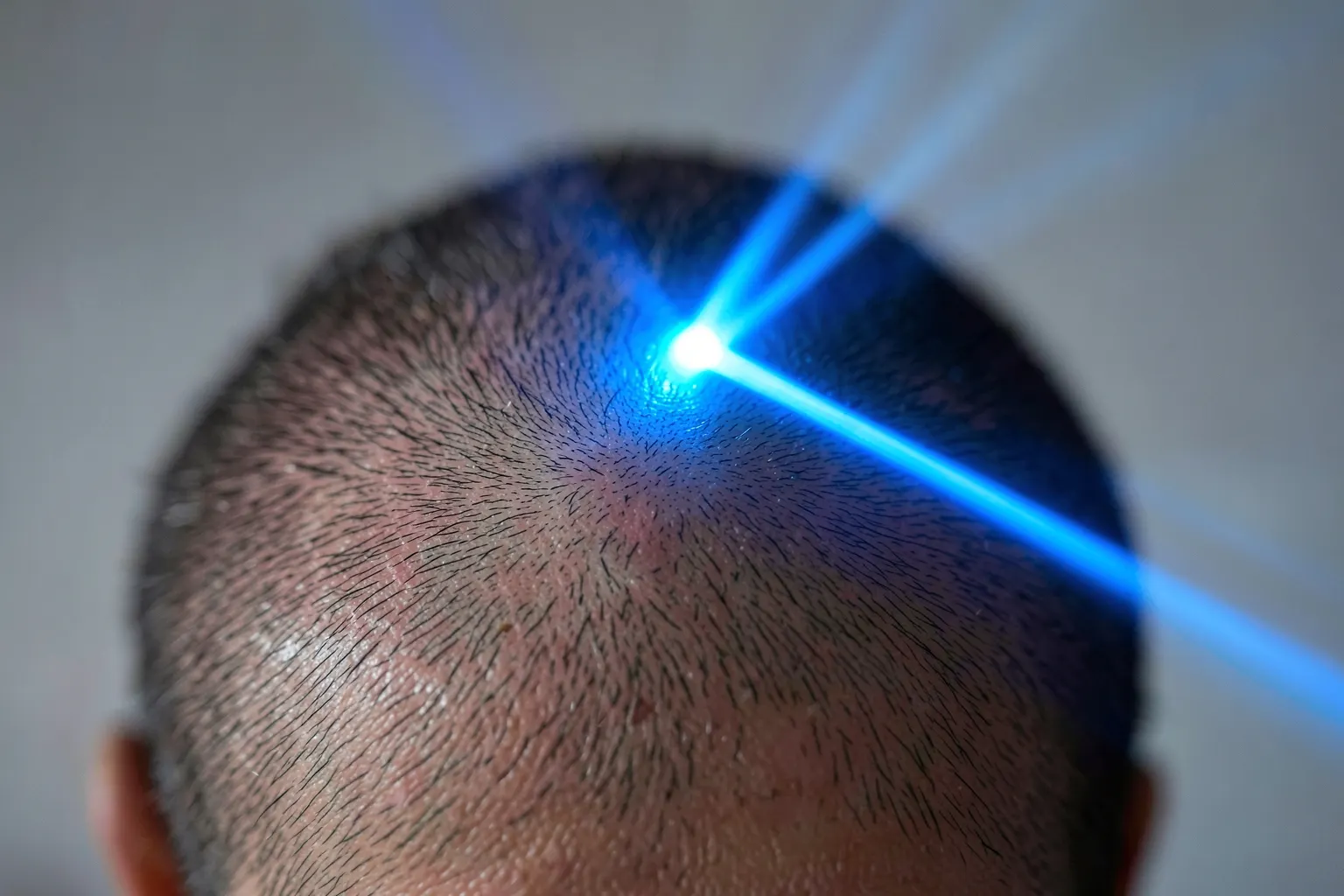 Um feixe de laser azul brilhante incidindo sobre um couro cabeludo saudável, com raios de luz suaves emanando dele.