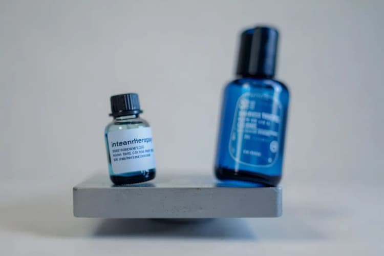 Balança com um frasco de intradermoterapia de um lado e um frasco de outro tratamento capilar do outro.