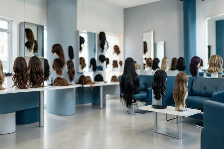 Pessoas com diferentes tipos de cabelo em um ambiente de salão.