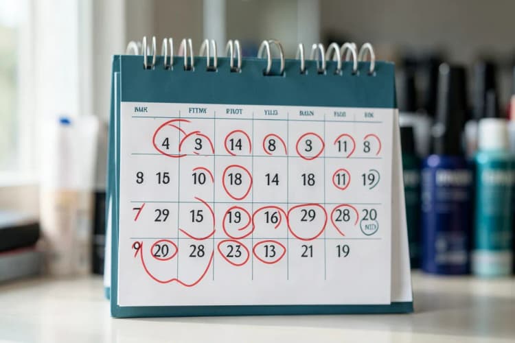 Calendário com sessões marcadas em um fundo de produtos capilares.