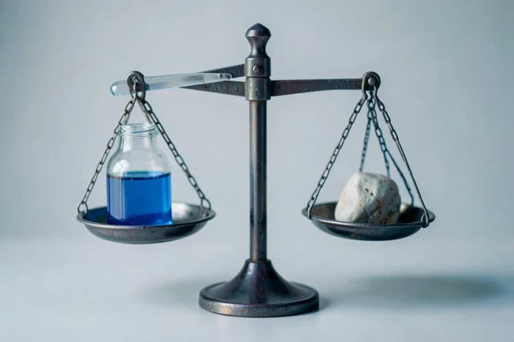 Um frasco de medicamento com conta-gotas e uma balança de dois pratos com um peso em cada lado