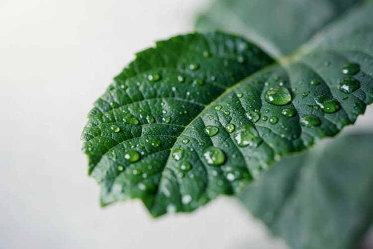Uma única folha verde vibrante com gotas de água, em close-up extremo.