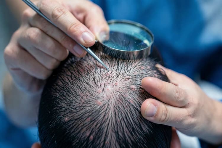 Um tricologista examinando um couro cabeludo com um dispositivo de ampliação.
