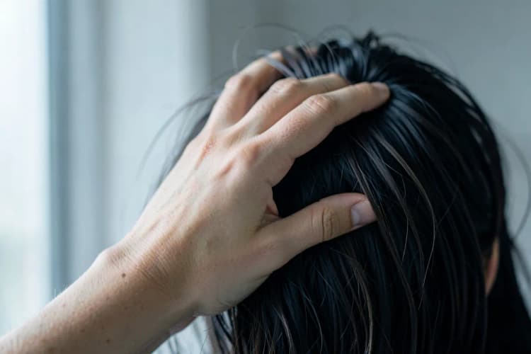 Uma pessoa passando a mão pelo cabelo ralo, com expressão de preocupação.
