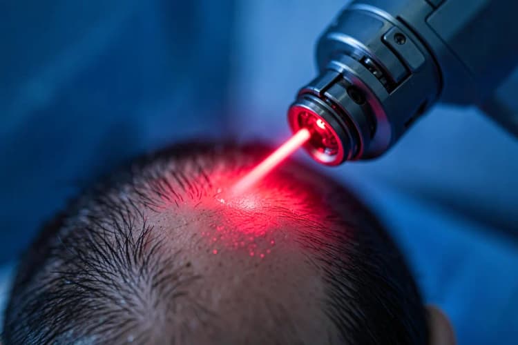 Um close-up de um dispositivo de terapia capilar a laser emitindo luz vermelha sobre um couro cabeludo.