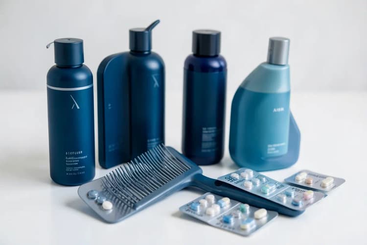 Uma variedade de produtos para tratamento de queda de cabelo, incluindo loções, comprimidos e um pente massageador.