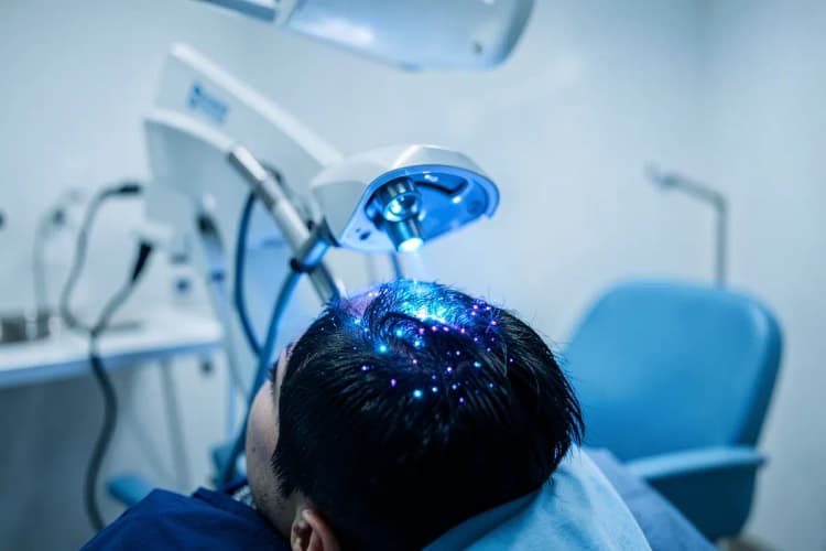 Uma única sessão de laserterapia capilar em uma clínica, mostrando o equipamento em uso.
