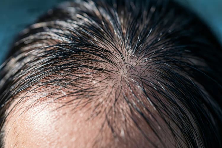 Um couro cabeludo saudável e com cabelo denso, em contraste com uma área de perda de cabelo.