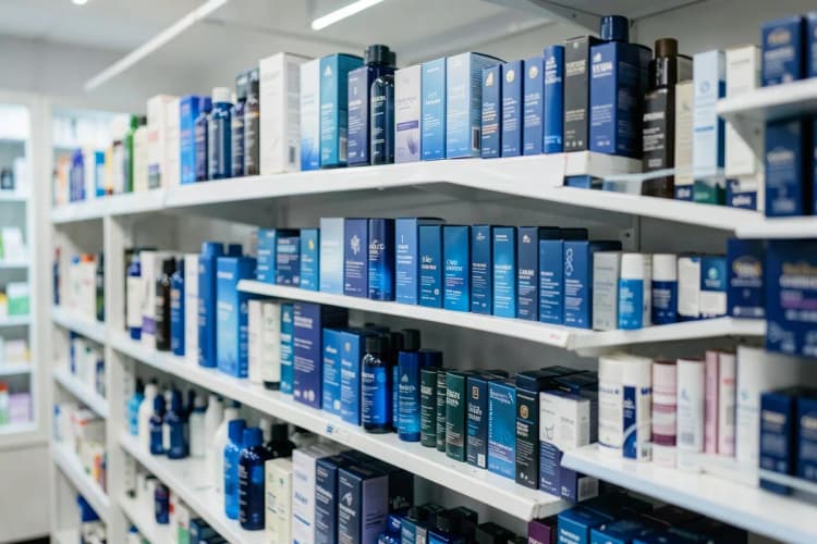 Uma pessoa examinando diferentes opções de tratamento para queda de cabelo em uma prateleira de farmácia.