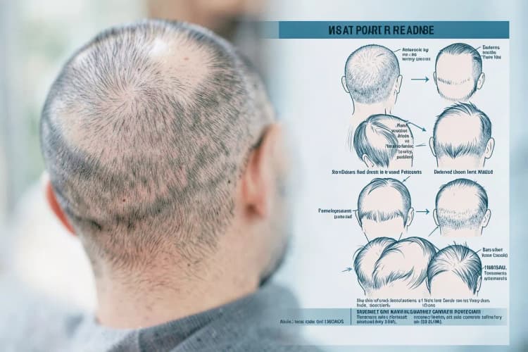 Ilustração mostrando diferentes padrões de perda de cabelo em homens, como entradas e coroa.